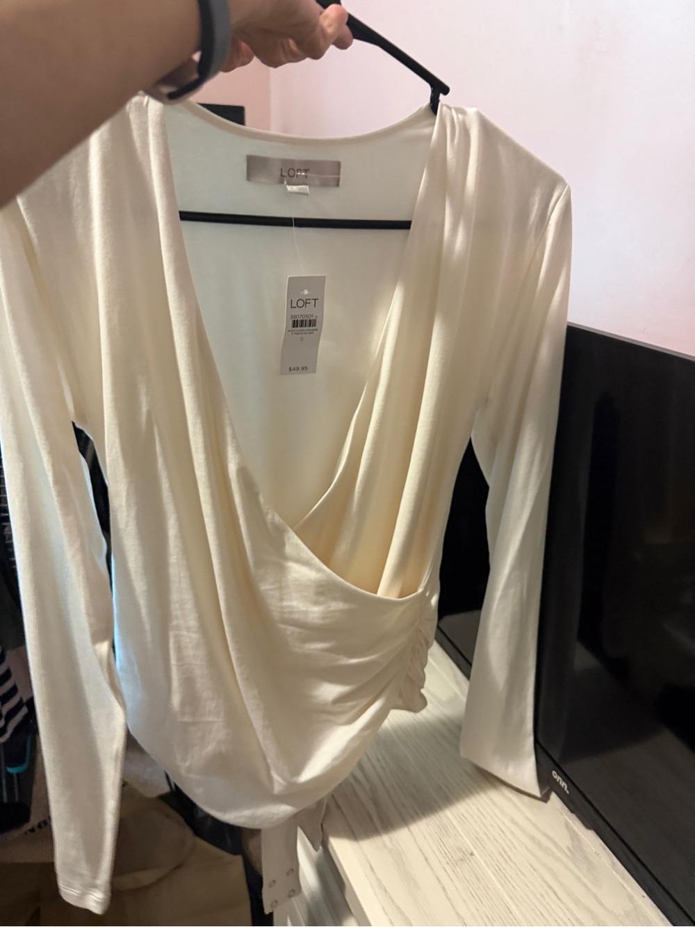 LOFT Cream Wrap-Style Long Sleeve Body Suit